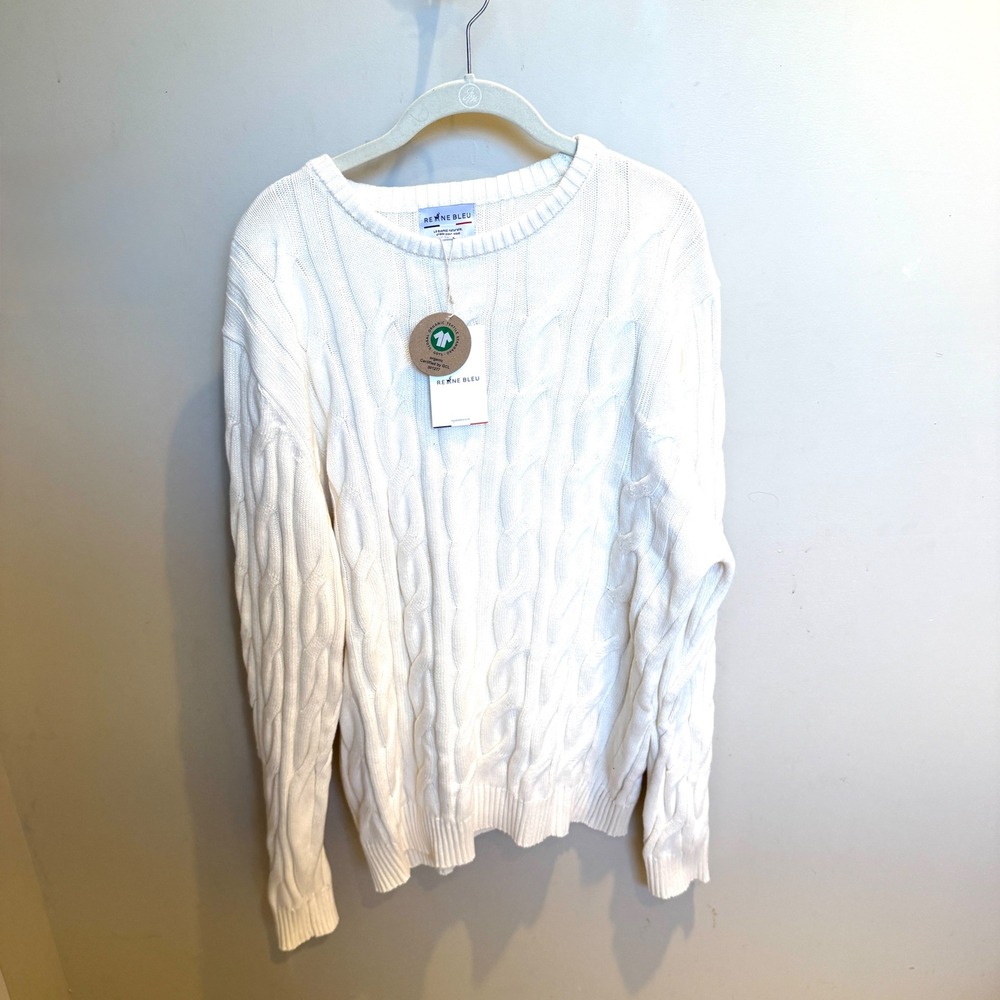 Renne Bleu White Cable Knit Sweater 100% Organic Cotton Crew Neck Womens 2XL NWT